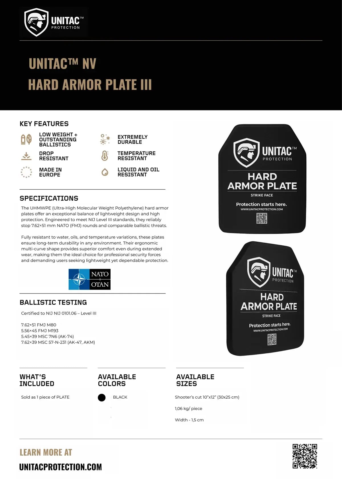 Unitac Labels Level III Schutzplatte 1+1 Aktion (UHMWPE, 10×12″) – Ballistischer ...