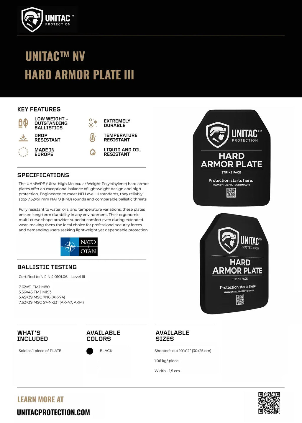 1+1 UNITAC™ NV – BALLISTISCHE SCHUTZPLATTE III 