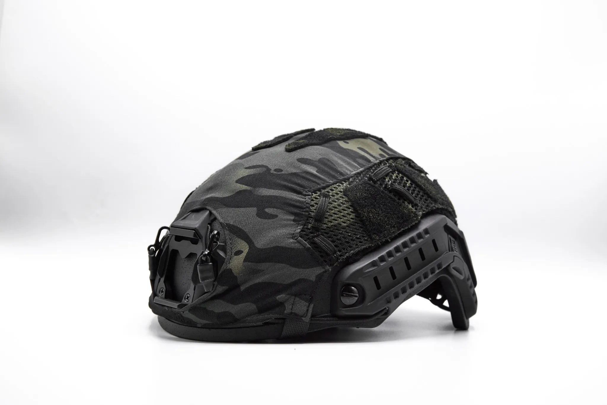 Tactical Black Multicam helmet cover side profile high-cut